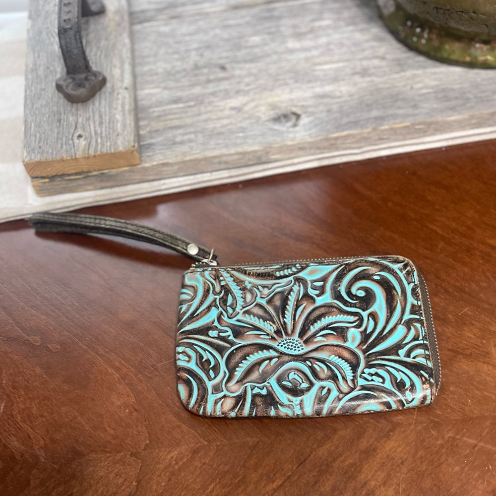 Patricia Nash Turquoise & Brown Tooled Wristlet